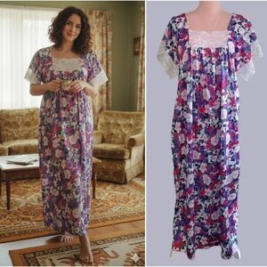 VTG 80s Valisere Colorful Purple Floral Lace Trim MooMoo Dress One Size